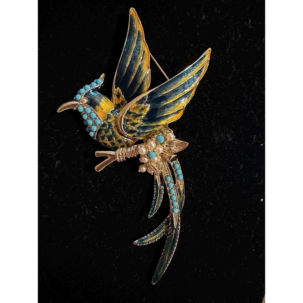 Nolan Miller Bird of Paradise Brooch Enamel Turquoise Pearls